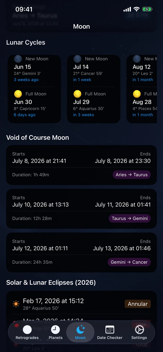New and full moons, void-of-course periods, and the year's eclipses.