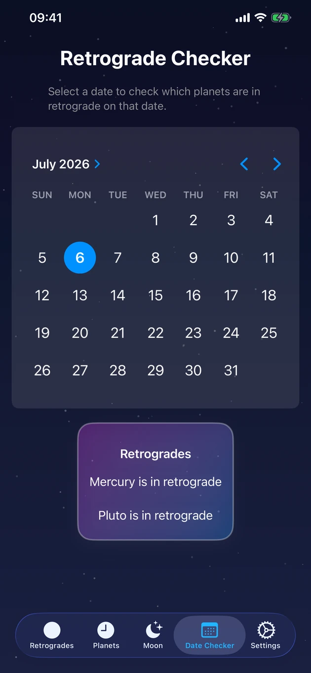 Pick a day and instantly see which planets are retrograde.